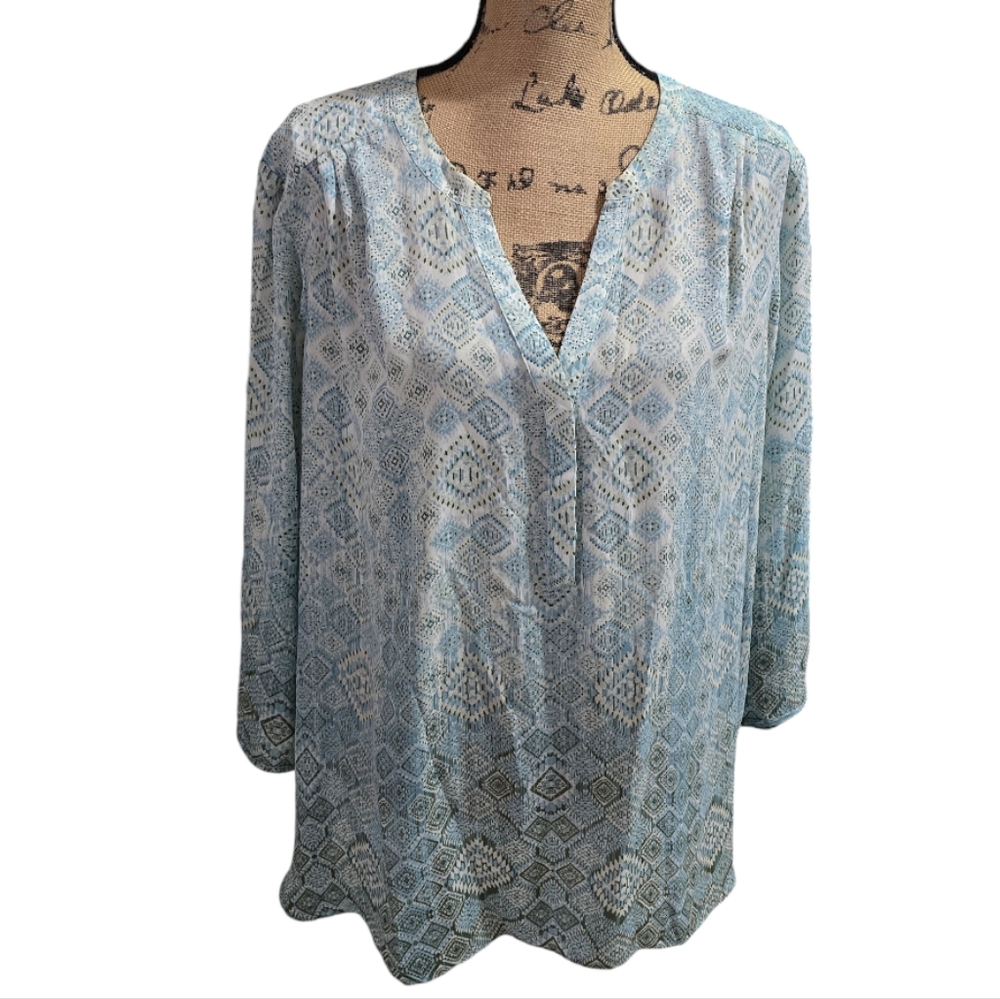 NYDJ Women Blue Geometric Diamond Print Split Neck 3/4 Sleeve Blouse 1X‎